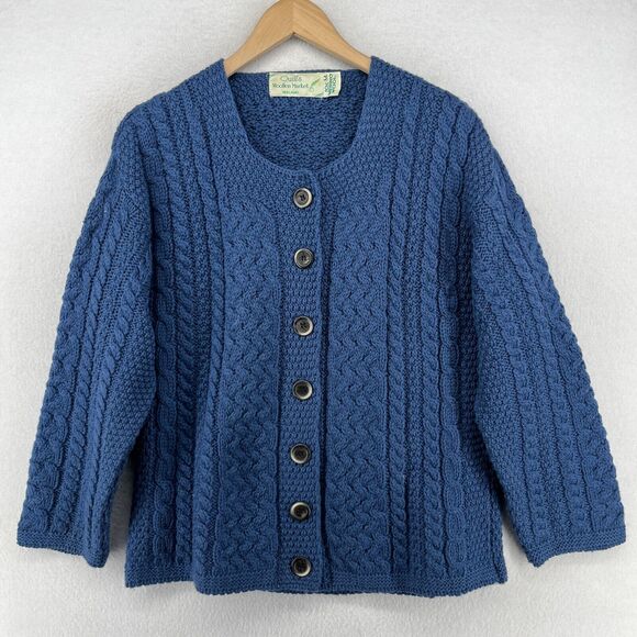 QUILLS Cardigan Womens M 100% Merino Wool Button Up Cable Fisherman Blue Ireland - Picture 1 of 12